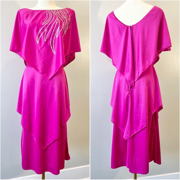 Vintage 1970s 1980s Hot Pink Dress Sparkle Disco 80s Retro Flutter Cape Medium - Picture 1 of 10